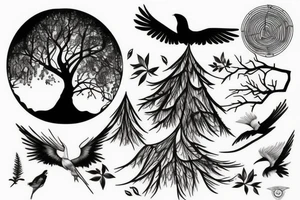 Forest, bird, tree top, tattoo idea