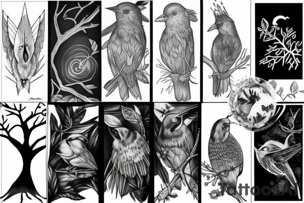 Forest, bird, tree top,  witch tattoo idea