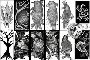 Forest, bird, tree top,  witch tattoo idea