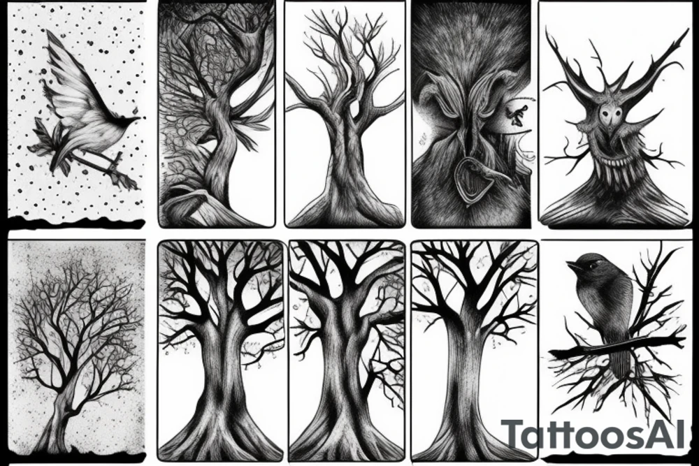 Forest, bird, tree top,  witch tattoo idea