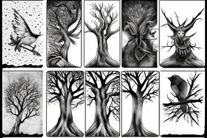 Forest, bird, tree top,  witch tattoo idea