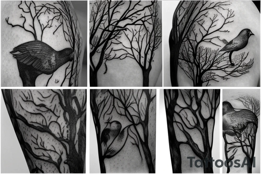 Forest, bird, tree top,  witch tattoo idea