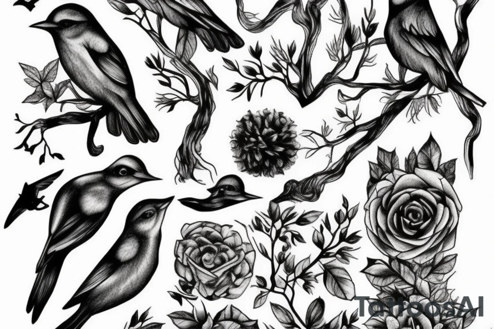 Forest, bird, tree top,  witch tattoo idea