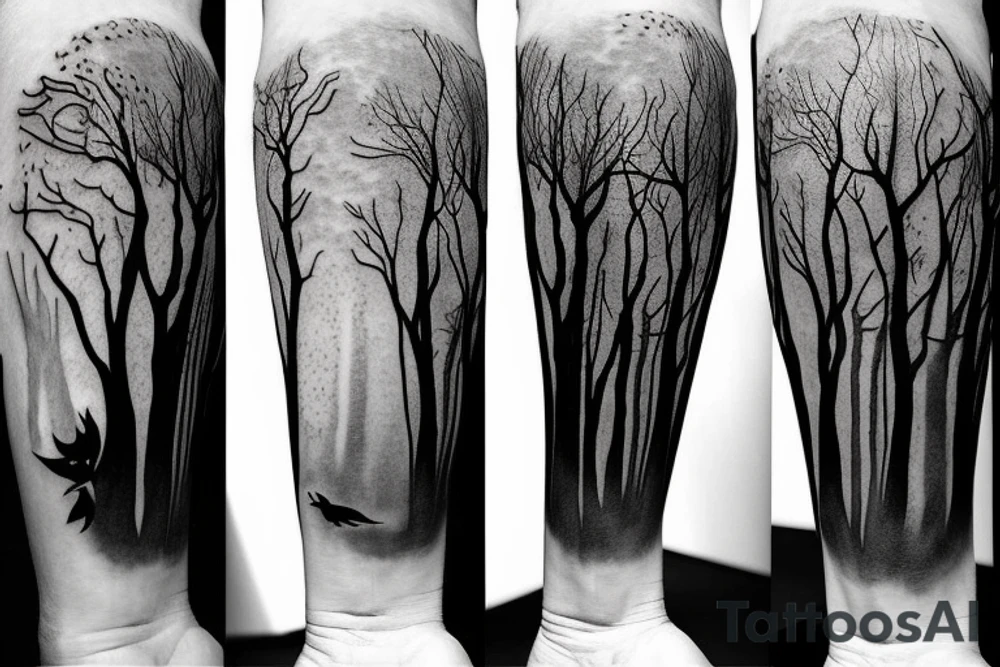 Forest, bird, tree top,  witch tattoo idea