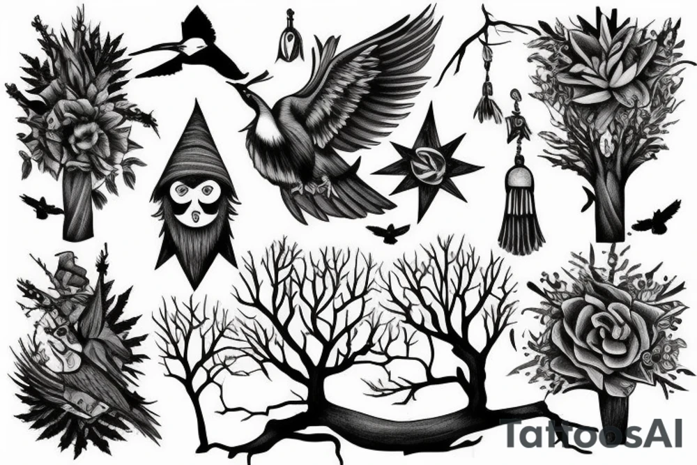 Forest, bird, tree top,  witch tattoo idea