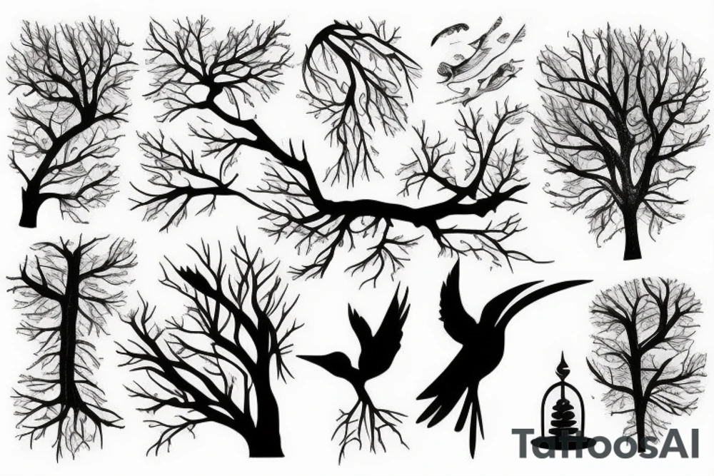 Forest, bird, tree top,  witch tattoo idea