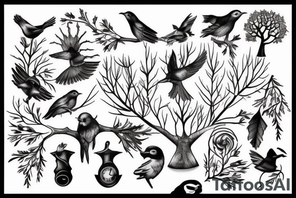 Forest, bird, tree top,  witch tattoo idea