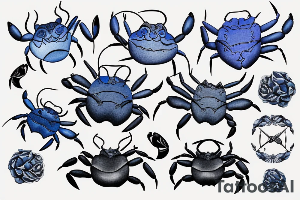 Crab, cancer horoscope, blue and gray tattoo idea