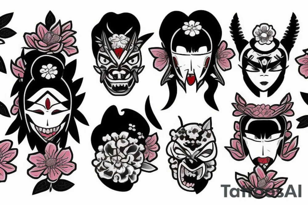 a oni mask and sakura flowers tattoo idea