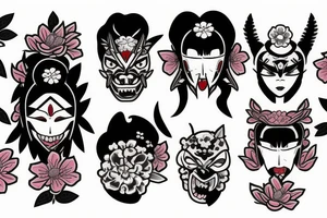 a oni mask and sakura flowers tattoo idea