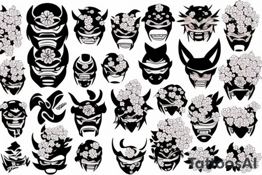 a oni mask and sakura flowers tattoo idea