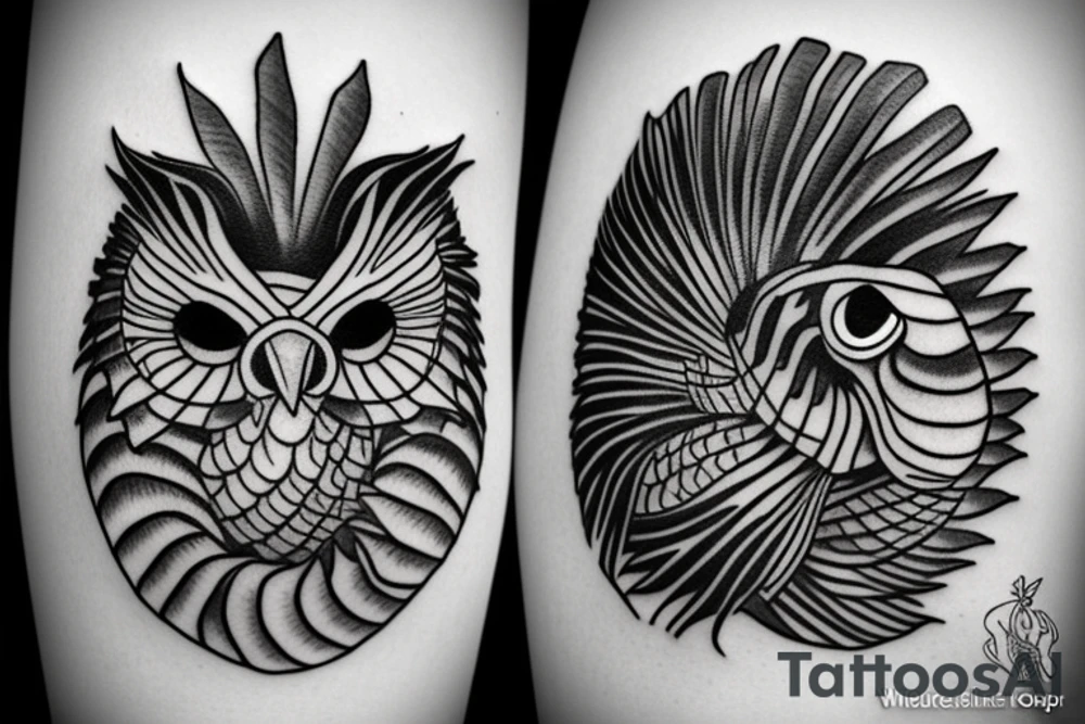 Lion owl fish tattoo idea