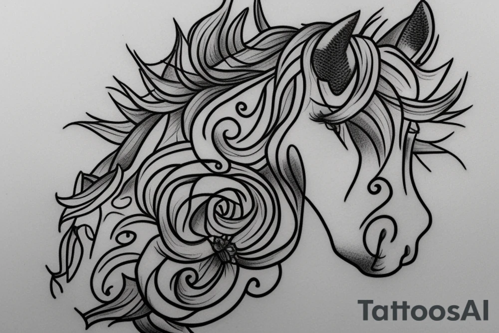 simple horse head outline with sunflower tattoo idea