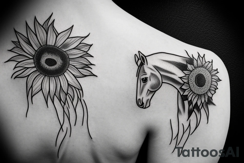 simple horse head outline with sunflower tattoo idea