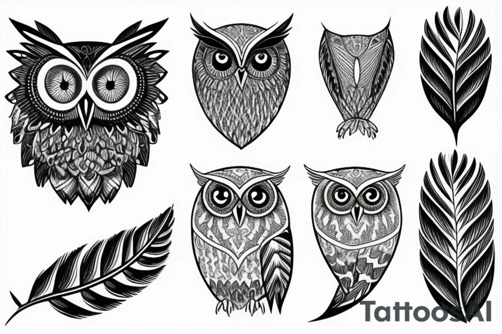 An owl looking straight ahead with complex feather patterns tattoo idea An owl looking straight ahead with complex feather patterns tattoo idea