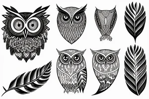 An owl looking straight ahead with complex feather patterns tattoo idea