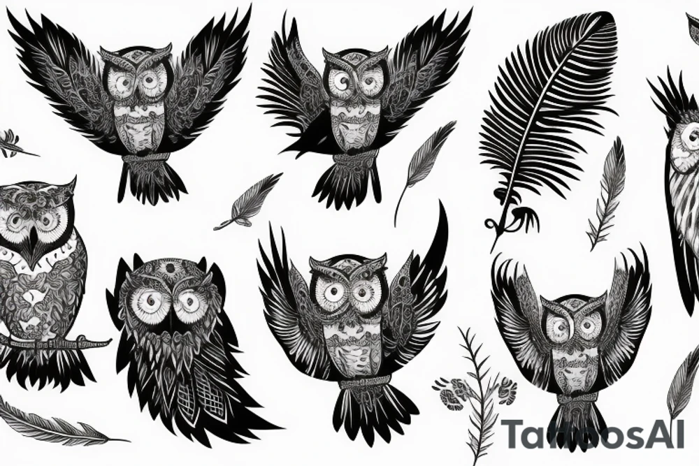 A slim owl looking straight ahead with complex feather patterns tattoo idea A slim owl looking straight ahead with complex feather patterns tattoo idea