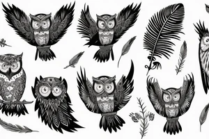 A slim owl looking straight ahead with complex feather patterns tattoo idea