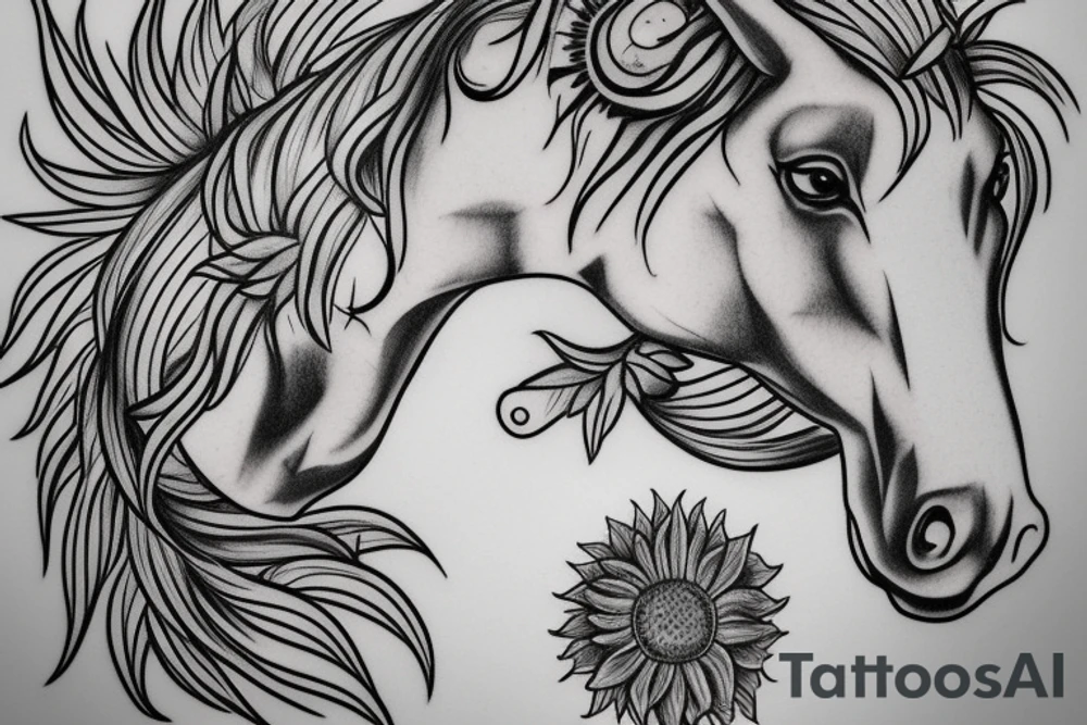memorial horse head outline with sunflower tattoo idea