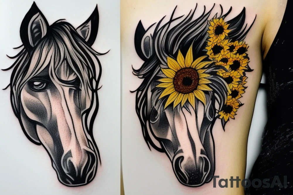 horse head with half of face covered in sunflowers tattoo idea