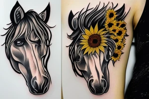 horse head with half of face covered in sunflowers tattoo idea