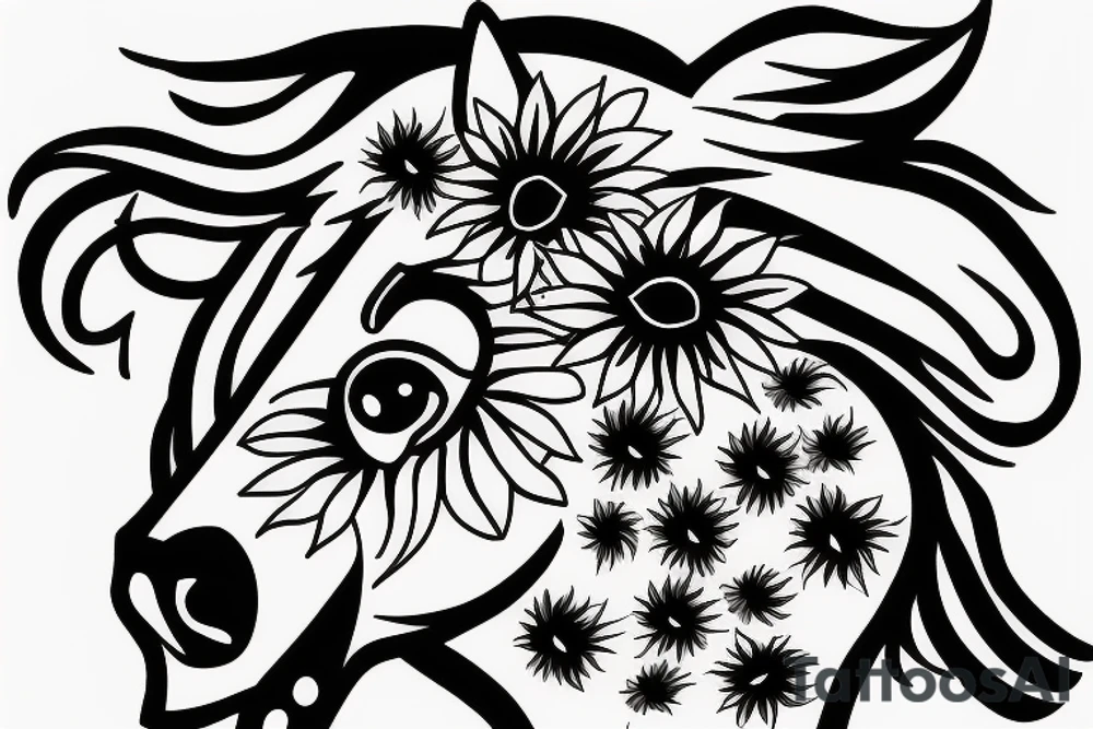 horse head with half of face covered in sunflowers tattoo idea