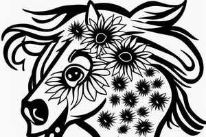 horse head with half of face covered in sunflowers tattoo idea