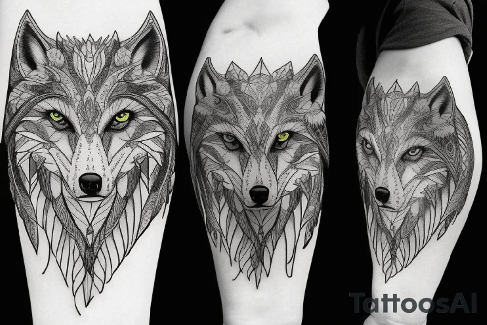 A wolf looking straight ahead with complex feather patterns tattoo idea A wolf looking straight ahead with complex feather patterns tattoo idea