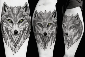 A wolf looking straight ahead with complex feather patterns tattoo idea