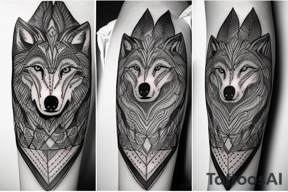 A wolf looking straight ahead with complex feather patterns tattoo idea A wolf looking straight ahead with complex feather patterns tattoo idea