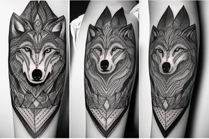 A wolf looking straight ahead with complex feather patterns tattoo idea