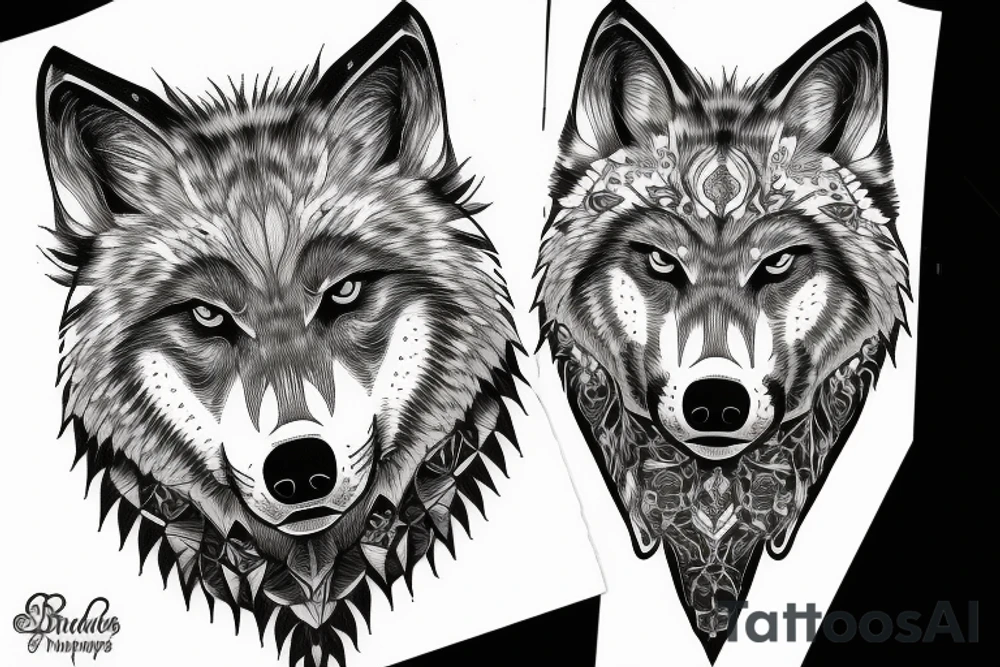 A wolf looking straight ahead with complex fur patterns tattoo idea A wolf looking straight ahead with complex fur patterns tattoo idea