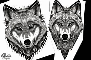 A wolf looking straight ahead with complex fur patterns tattoo idea