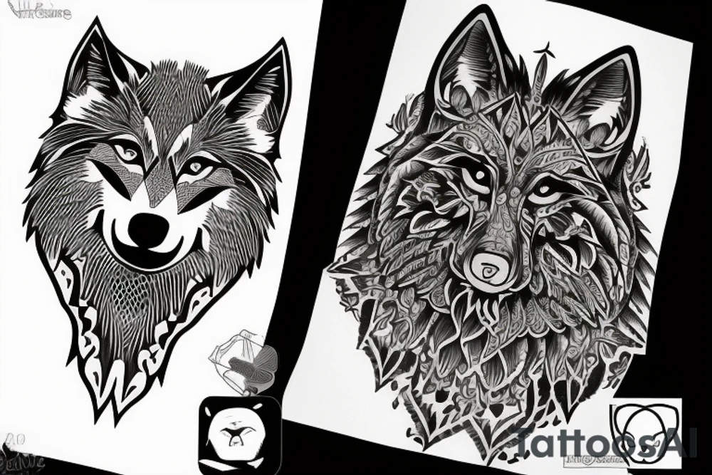 A wolf looking straight ahead with complex fur patterns tattoo idea A wolf looking straight ahead with complex fur patterns tattoo idea