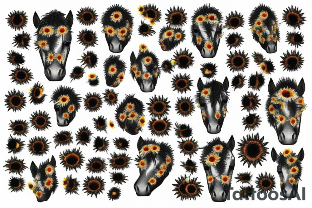 horse head with half of face covered in sunflowers tattoo idea