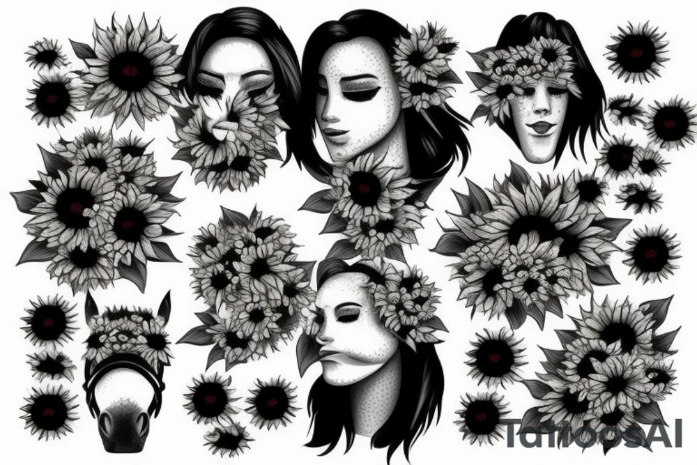 horse head with half of face covered in sunflowers tattoo idea