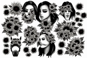horse head with half of face covered in sunflowers tattoo idea