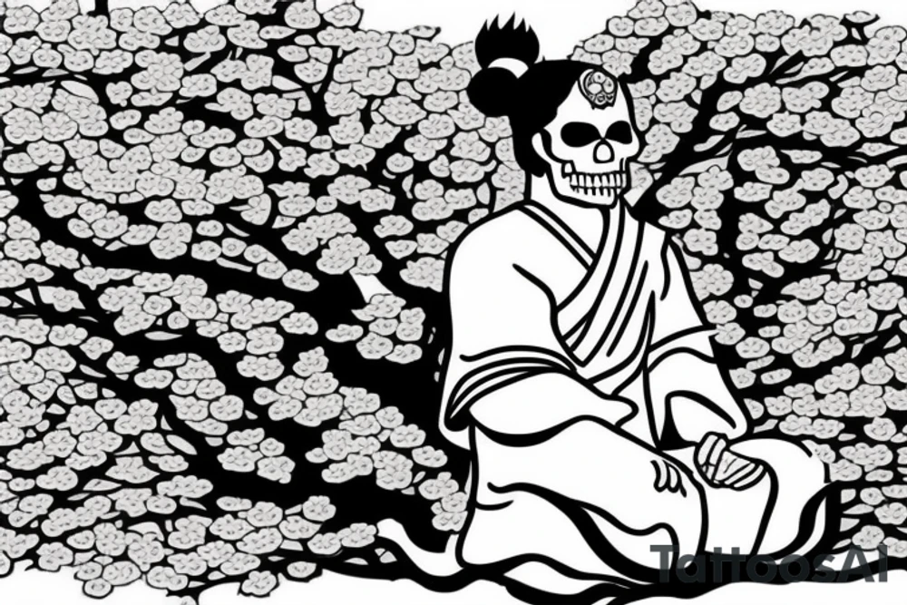 A samurai sitting  underneath a cherry blooms tree, the samurai has a skull mask only covering half his face tattoo idea