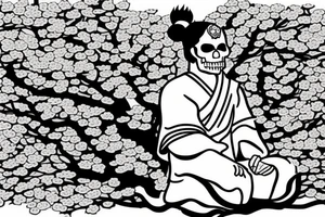 A samurai sitting  underneath a cherry blooms tree, the samurai has a skull mask only covering half his face tattoo idea