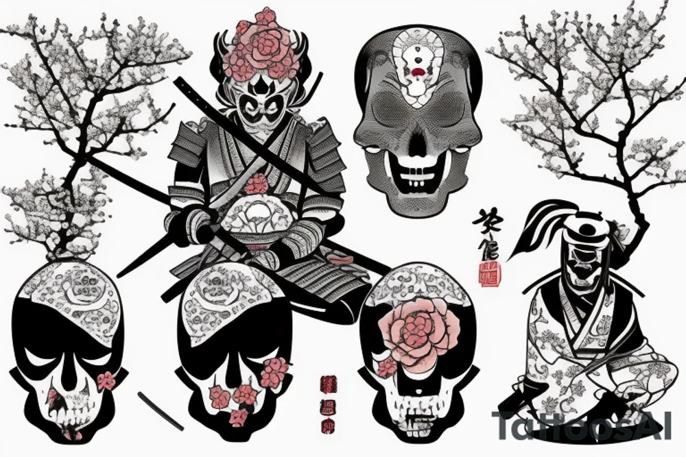 A samurai sitting  underneath a cherry blooms tree, the samurai has a skull mask only covering half his face tattoo idea