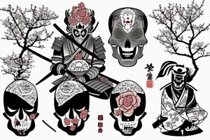 A samurai sitting  underneath a cherry blooms tree, the samurai has a skull mask only covering half his face tattoo idea