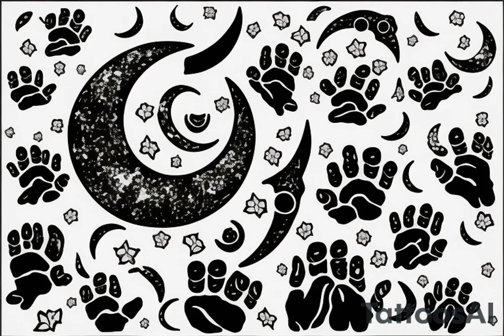 Crescent moon with Ivy and dog paws tattoo idea