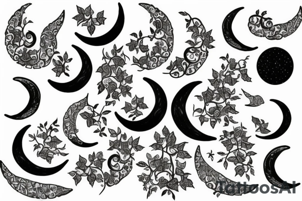Crescent moon, Ivy vines, small dog paws tattoo idea