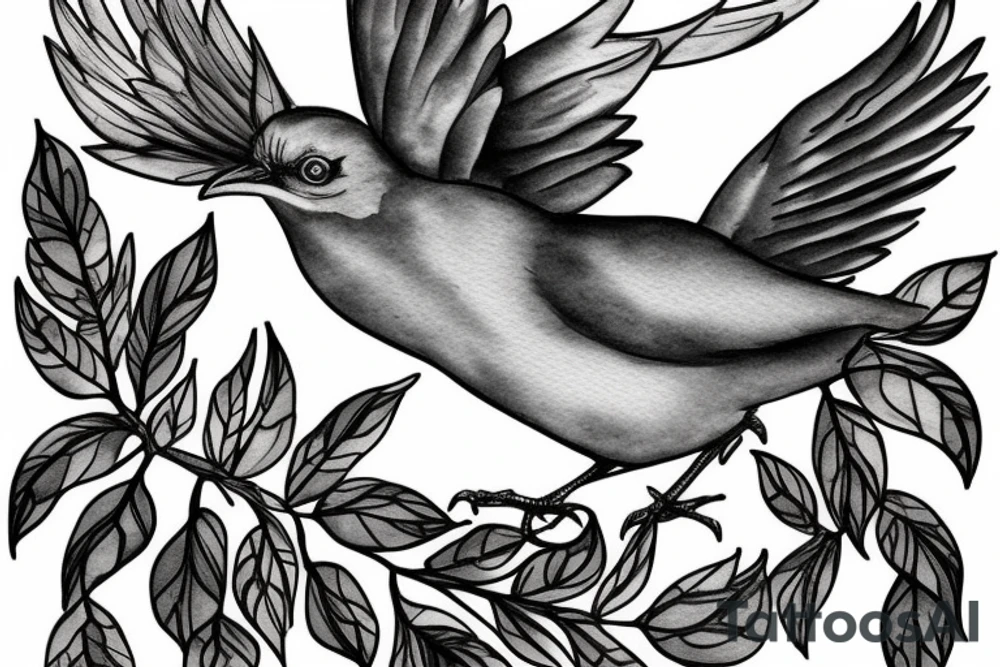 Mockingbird on a branch with mockingbird flying away tattoo idea