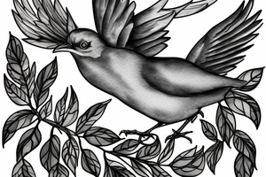 Mockingbird on a branch with mockingbird flying away tattoo idea