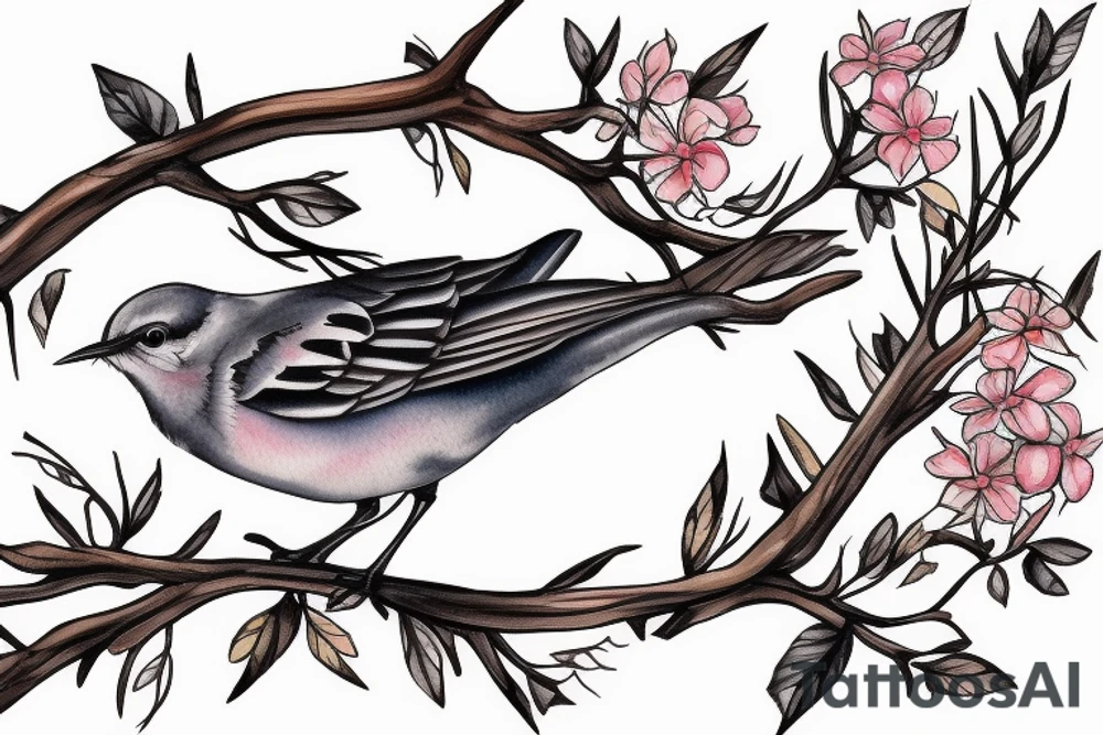 Mockingbird on a branch with mockingbird flying away tattoo idea