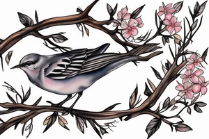 Mockingbird on a branch with mockingbird flying away tattoo idea