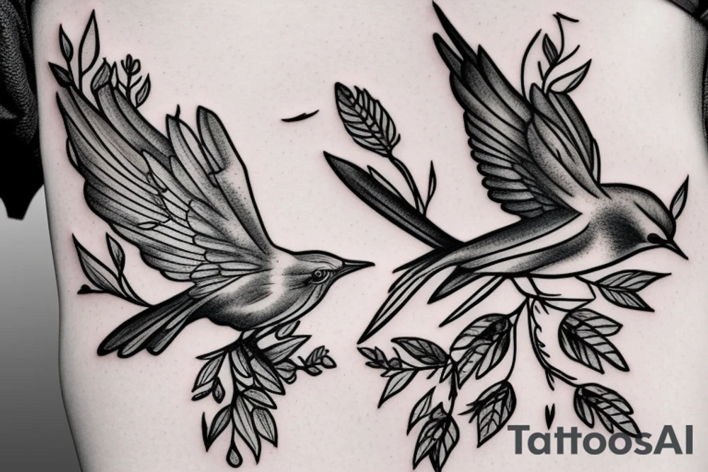 Mockingbird on a branch with mockingbird flying away tattoo idea