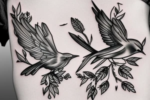Mockingbird on a branch with mockingbird flying away tattoo idea