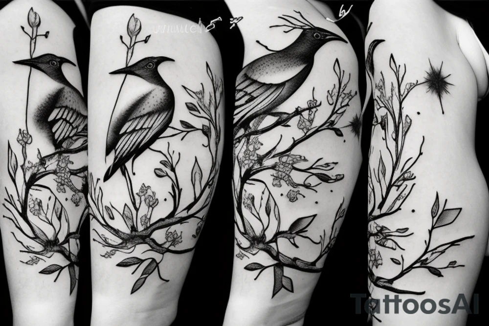 Mockingbird on a branch with mockingbird flying away tattoo idea